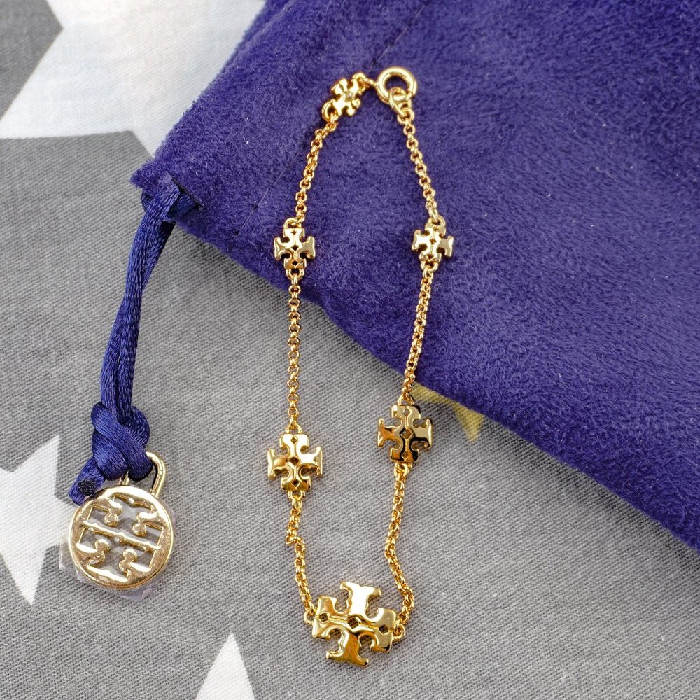 Tory Burch Kira Logo Repeating Delicate Chain Bracelet in Tory 18k Plated Gold